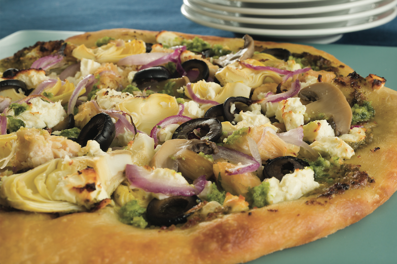 greek pizza with artichokes and olives