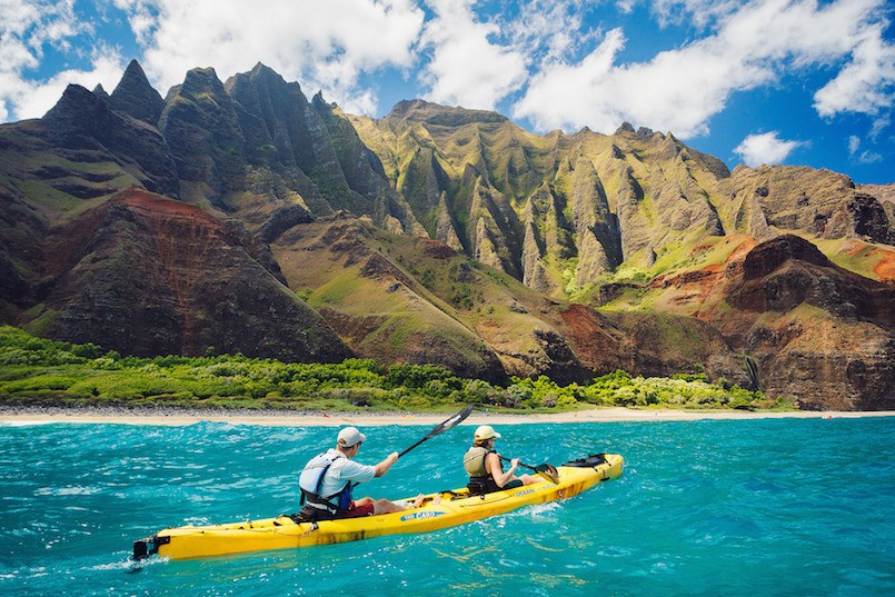 two people kayaking in hawaii