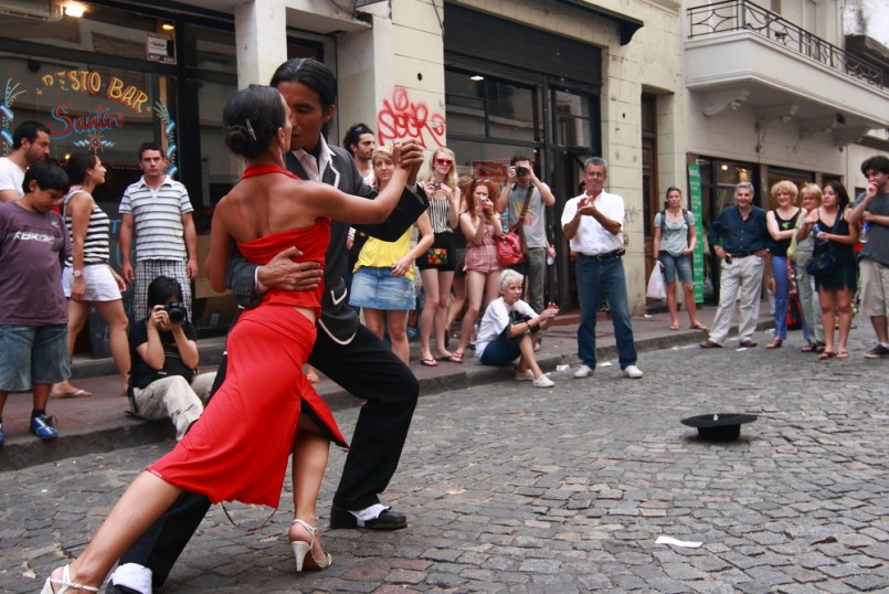 A pair of tango dancers perform on February 25, 2009 in San Telmo in Buenos Aires, Argentina. The tango dance originated from Buenos Aires and Montevideo, Uruguay
