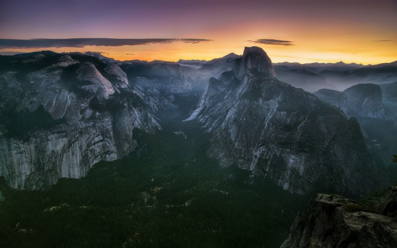 Half Dome and Yosemite Valley in Yosemite National Park during colorful sunset