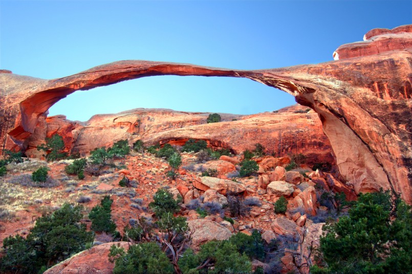 Landscape Arch stretches across the skyline at Arches National Park in Utah