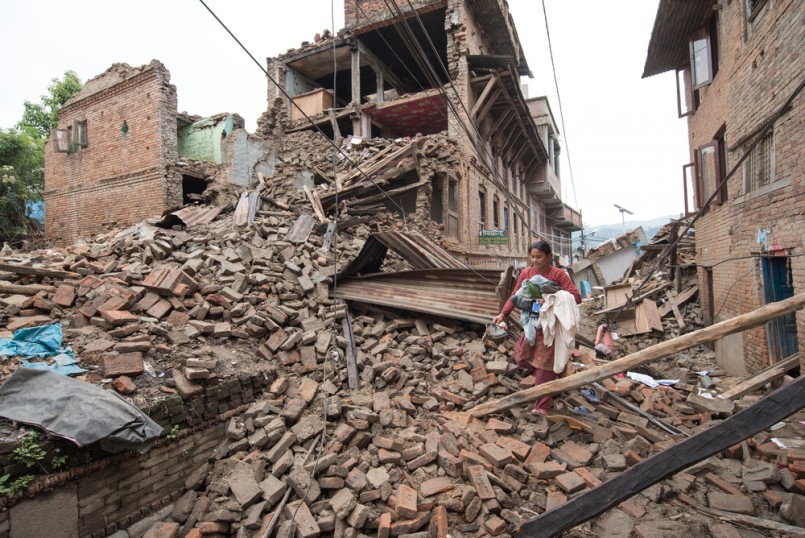 soldiers with debris of buildings near Sobhavagbati bridge damaged after the major earthquake