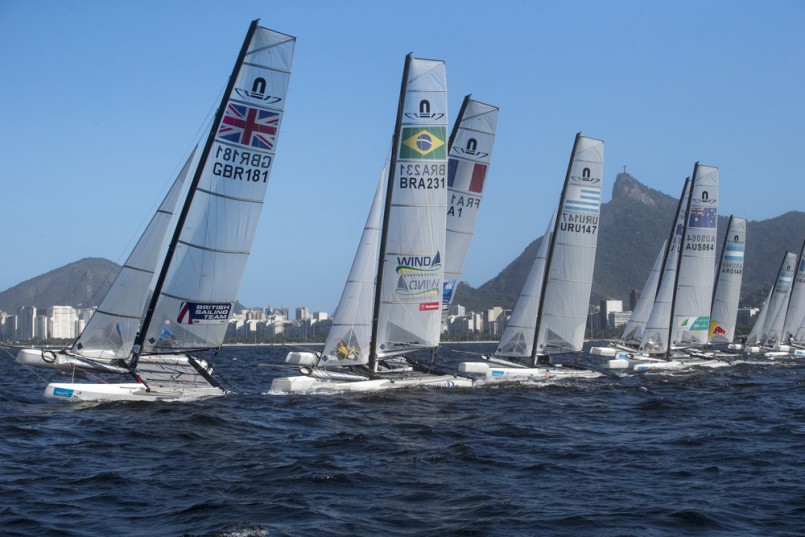 Windsurfers starts for the Warming Rio race on the Guanabara bay preparing the 2016 Oly games.