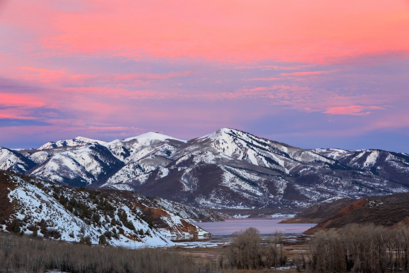 Sunrise above Deer Valley from Jordanelle Reservoir, Utah, USA