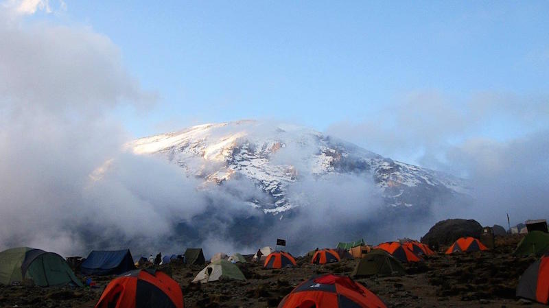 tents on mt kilimanjaro in cold weather snowy mountain