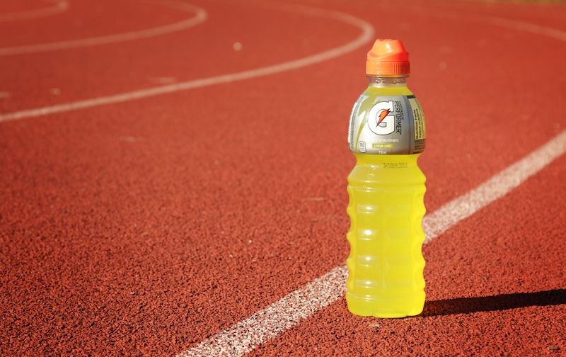 Montreal, CANADA - October 13, 2014: Orange Gatorade bottle on a race track.