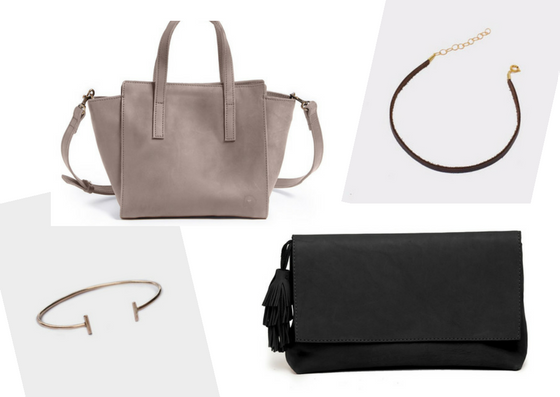 leather handbag and clutch and jewelry fashionable sustainable gift guide