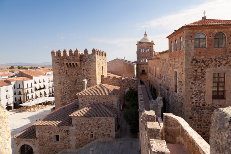 Caceres monumental. Bujaco Tower, Toledo-Moctezuma's palace, the Episcopal Palace and the Plaza Mayor views from the Tower of the Pulpits. Spain